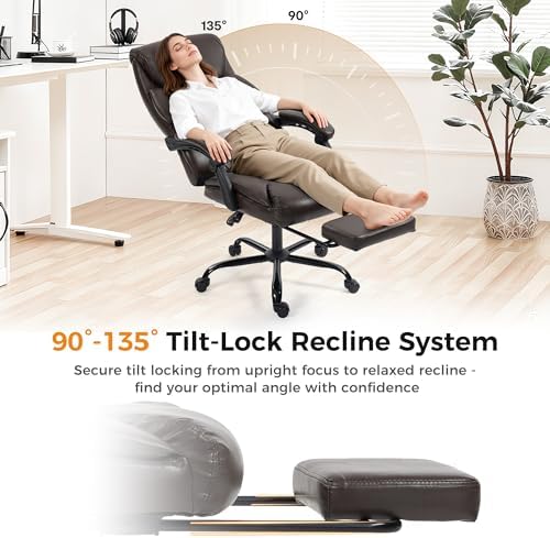 Office Chair, Executive High Back Leather Home Office Desk Chair with Footrest & Lumbar Support - Ergonomic Reclining Comfortable Wide Swivel Rolling Gaming Computer Chair 90-135° Adjustable Tilt Lock
