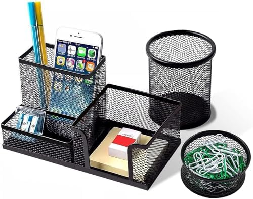 Pen Holder for Desk, Desk Organizers Set-3 Compartments Mesh Pencil Holder with Pencil Pen Cup and Paper Clip holder, Desk Accessories for Marker Craft, Ideal Office School Supplies(3 pack, Black)