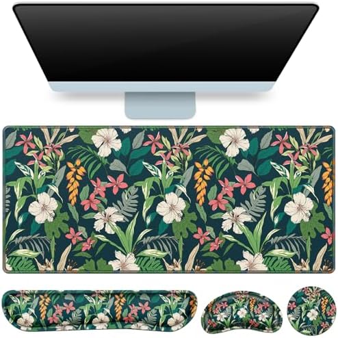 Desk Mat Floral, Large Gaming Mouse Pad with Wrist Rest, 4in1 XXL
