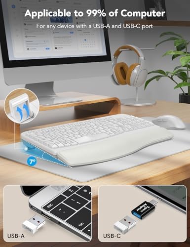 SABLUTE Ergonomic Keyboard and Vertical Mouse Bundle, White Wave Keyboard (2 AA Batteries Powered) with Cushioned Wrist Rest and Beige Rechargeable Vertical Mouse, Wireless Office Setup for Windows