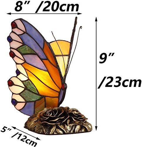 Bieye L11406 Butterfly Tiffany Style Stained Glass Accent Table Lamp Night Light for Bedside Living Room Bedroom, 8" W x 9" H