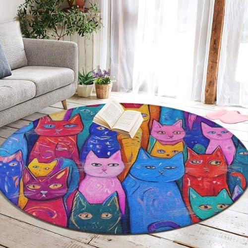 Large Round Area Rug Home Decor Modern Bathroom Rug Kitchen Office Circle Rug for Living Room Sofa Circle Cute Mat Colorful Cats Art, 60inch
