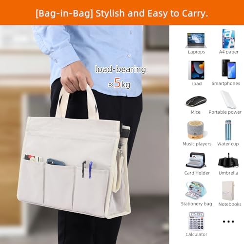 MASTLU Under Desk Hanging Storage Bag, Desk Organizer Storage, Office Side Storage Bag, Compatible with A4 Files, Detachable Handle Design, No Assembly Required, for Office Home School (Beige)