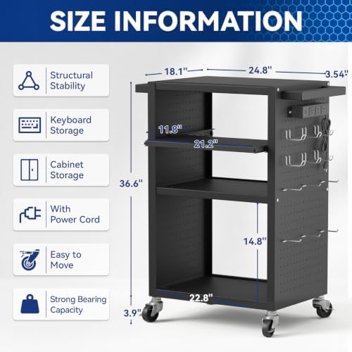 Mobile AV Cart with Pullout Keyboard Tray Media Utility Cart with Pegboard Hooks 4 Outlets & Push Handles Rolling Computer Cart with Lock Brake Wheels Mobile Computer Workstation