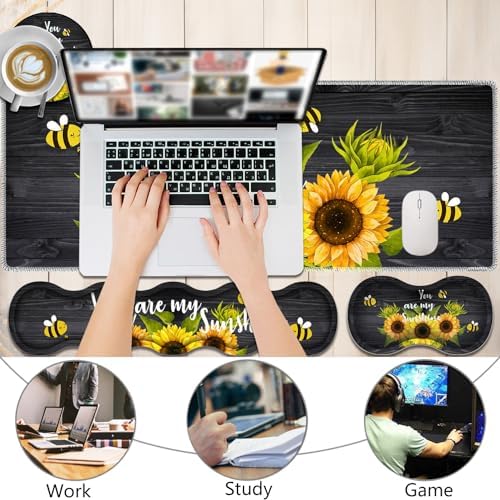 4 in 1 Mouse Pad Combo, Large Gaming Mouse Pad + Keyboard Wrist Support + Mouse Wrist Rest + Coaster, Table Pad with Stitched Edge Ergonomic Wrist Pad Set, Sunflower, You are My Sunshine