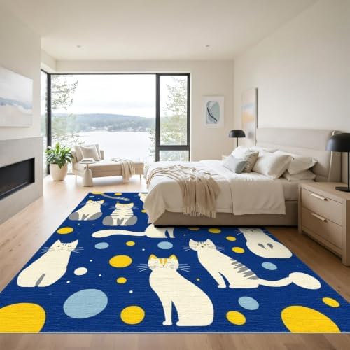 9'x12' Blue Yellow Cat Symphony with Golden Washable Area Rug
