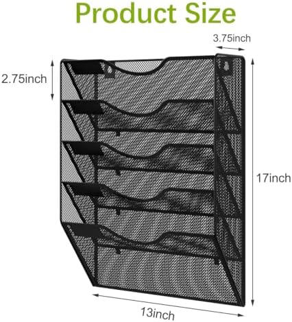 EasyPAG Wall File Organizer 5 Tier Hanging Paper Folder Holder, Zero Assembly Metal Mesh Wall Mounted Mail Organizer for Office Home Classroom Narrow Spaces, Black