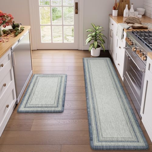 KIMODE Anti Fatigue Kitchen Mats for Floor,Blue Grey Farmhouse Kitchen Rugs