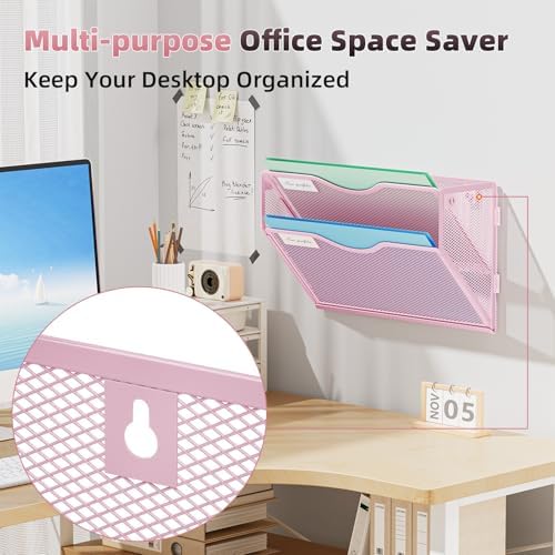 Marbrasse Wall File Holder 2-Tier Hanging Wall File Organizer, Mesh Mail Holder for Papers, Wall Mount File Clipboard & Magazine Organizer Great for Office Home - 2P(Pink)