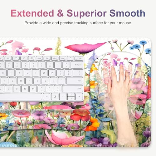 Large Mouse Pad with Wrist Support 4in1 Set, XXL Game Mousepad +Keyboard Wrist Rest+Mouse Wrist Rest+Coaster Ergonomic Design Gaming Mat for Home Office Table Computer I Gorgeous Rose Plants