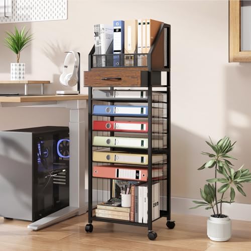 SWTYMIKI 9-Tier Rolling File Cart - Paper Organizer with Drawer and Trays, Wood Desk Office Organizer, Office Organization and Binder Storage for Workspace, Home, School, Espresso