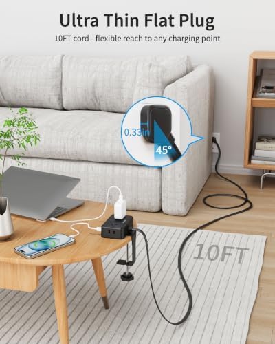 Desk Clamp Power Strip with 4 Outlets & 4USB, 10FT Extension Cord for Home