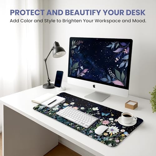 Aesthetic Desk Mat, Cute Celestial Garden Desk Pad Protector for Work & Decor, 31.5" x 11.8", Pretty Non-Slip Extended Mouse Pad for Office or Home