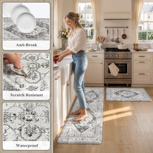 KIMODE Kitchen Mat for Floor Anti Fatigue Cushioned Grey 20"x59"+20"x32"