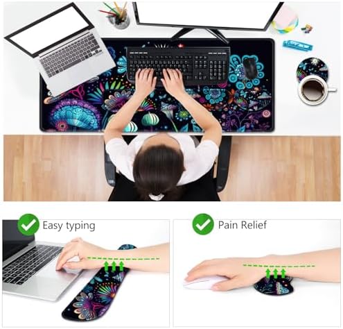 AIMSA Large Gaming Mouse Pad Set, Keyboard Wrist Rest Support+ Extended Mousepad+ Mouse Wrist Cushion+Coaster, Ergonomic Multifunctional Desk Mat 35x15.7in, Colorful Abstract Mushrooms