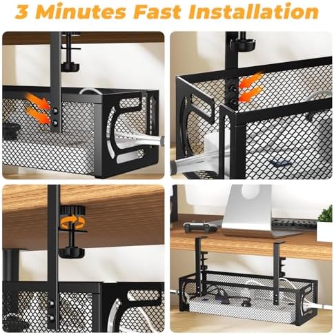 Under Desk Cable Management Tray, 15.7'' No Drill Steel Desk Cable Organizers, Wire Management Tray Cable Management Rack (1 Pack-Black)