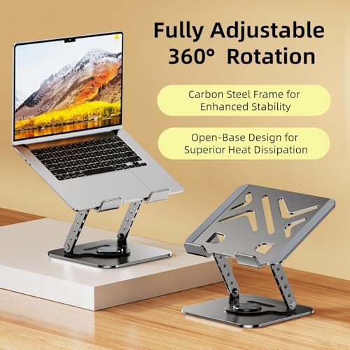 Laptop Stand for Desk, 360° Rotating Adjustable Metal Foldable Laptop Riser with Minimalist Vent Pattern, Ergonomic Computer Notebook Holder for MacBook, Dell, HP 10-17.3", Gray