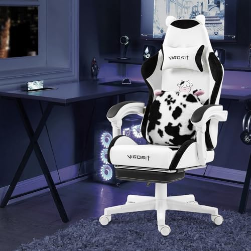 Vigosit Cute Gaming Chair with Footrest - Ergonomic Computer Chair Cow Print Design, High Back PU Leather Office Chairs with Lumbar Support for Adults