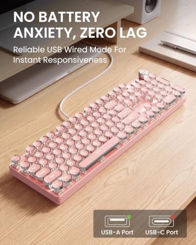Wired Typewriter Mechanical Keyboard, Retro Punk Keyboard with Media Knob