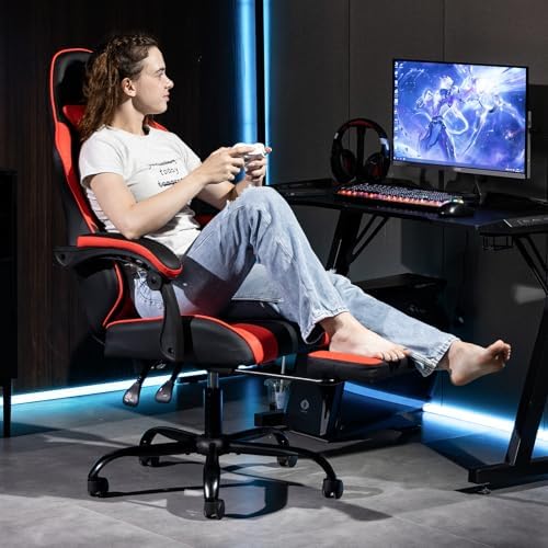 Gaming Chair, Video Game Chair with Footrest and Massage Lumbar Support, Height Adjustable Ergonomic Computer Chair with Swivel Seat and Headrest for Home Office Gaming, Red