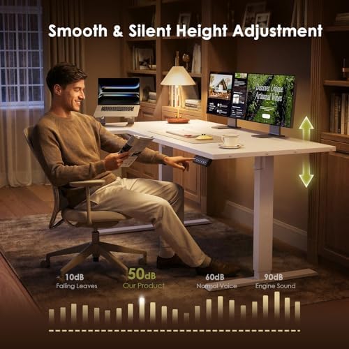 OffiGo 63 Inch Reversible L Shaped Electric Standing Desk, White