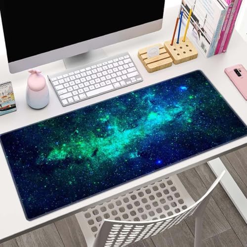 Desk Mat Blue Green Stars Nebulae Large Keyboard Mouse Pad for Laptop PC Setup Desk Cover Protector Desk DéCor for Office Home Work Gaming 31.5" X 11.8" Stitched Edge Non-Slip Design