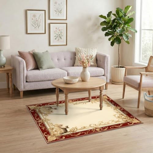 4'x6' Ivory Cat Crimson Motif with Swirls Ultra-Soft Area Rug