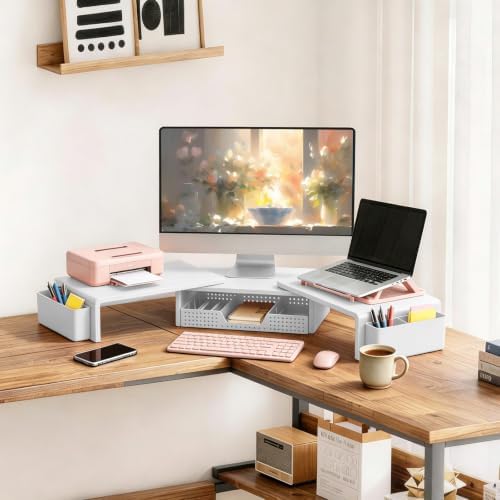 LEKETREE Dual Monitor Stand Riser with Drawer and 2 Pen Holders, White