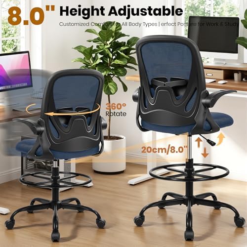 Primy Drafting Chair Tall Office Chair with Flip-up Armrests Executive Ergonomic Computer Standing Desk Chair with Lumbar Support and Adjustable Footrest Ring (Navy)