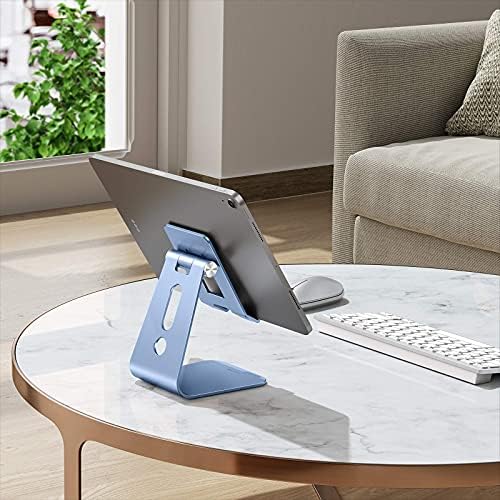 OMOTON Adjustable Tablet Stand for Desk, Upgraded Longer Arms for Greater Stability, T2 Tablet Holder with Hollow Design for Bigger Sized Phones and Tablets Such as iPad Pro/Air/Mini, Blue