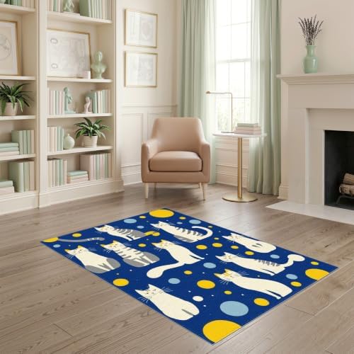 4'x6' Blue Yellow Cat Symphony with Golden Washable Area Rug
