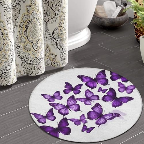 Women's Large Home Decor Mat, Soft Round Yoga Carpet, Non Slip Machine Washable Home Office Circle Rug Purple Butterfly