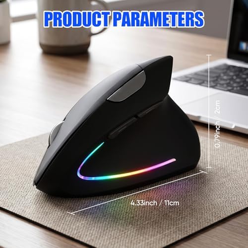 Wireless Bluetooth Ergonomic Vertical Mouse, Rechargeable Silent Slim Laptop Mouse,Portable(BT5.2+USB Receiver) LED Dual Mode Computer Mice,for Laptop,Desktop Computer,ipad Tablet,Phone,TV (Black)