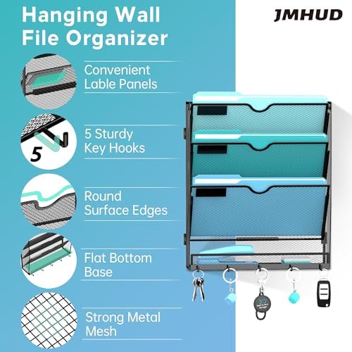 4-Tier Wall File Organizer and Mail Organizer with 5 Hooks, Black