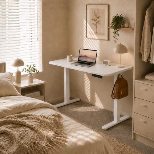 Electric Standing Desk, 40" x 24" Adjustable Height Sit Stand Desk, Small Space Workstation, Compact Computer Desk for Home Office, Stable Steel Frame (White)