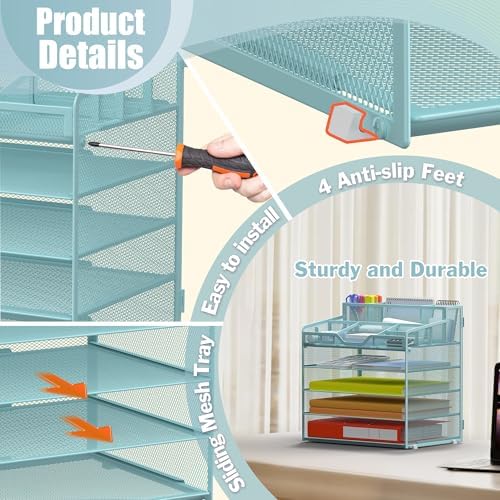 Docnest 5 Tier Mesh Desk Organizer with Letter Tray & Paper Sorter, Blue