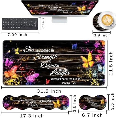 Keyboard Wrist Rest and Mouse Pad with Wrist Support Set Ergonomic Coaster,Memory Foam,Easy Typing Pain Relief,Large XL Desk Mat 31.5"x 11.8",Floral Butterfly Bible Verse Proverbs 31-25