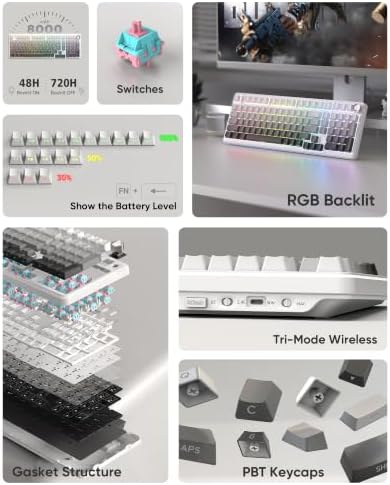 RedThunder K95 S Wireless Mechanical Gaming Keyboard, Hot Swappable Creamy Keyboard with Knob, RGB Backlit, Pre-lubed Linear Switches, Side Engraved PBT Keycaps, Wireless/Wired/BT5.0, Snow & Ash