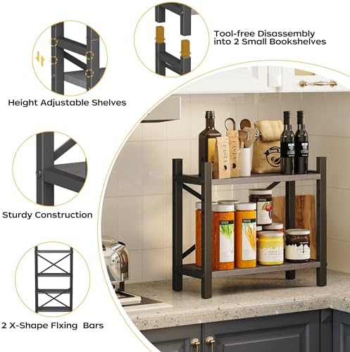 Desktop Bookshelf, 4-Tier Stackable Narrow Bookcase, Adjustable Industrial Desk Organizer & Hutch - Rustic Brown Wood Desktop Book Organizer for Living Room, Bedroom & Home Office