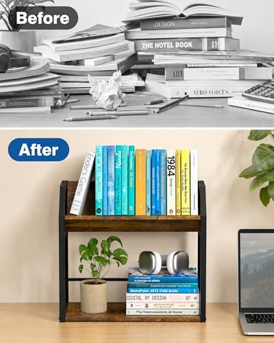 Desktop Bookshelf, Wooden Desk Shelf Organizer, Brown