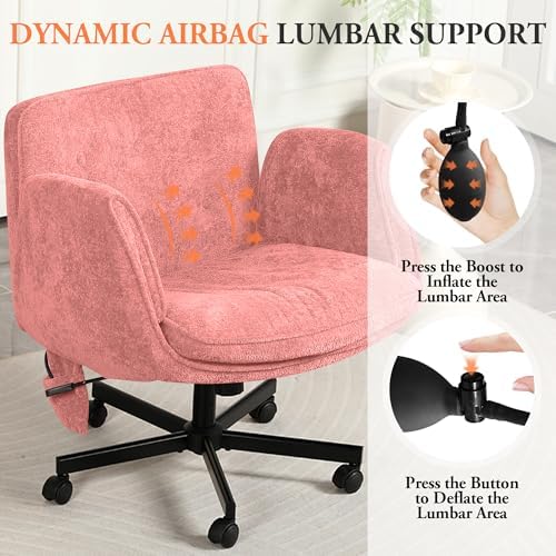 Criss Cross Chair with Lumbar Airbag & Folding Arms Relieve Back Pain, Wide Cross Legged Office Chair for Home Office, Comfy Swivel Desk Chair with Wheels, 5 Level Adjustable Armrest, Chenille(Pink)