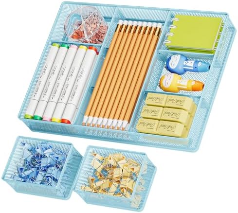 Marbrasse Mesh Desk Drawer Organizer Tray 3 Packs, Blue