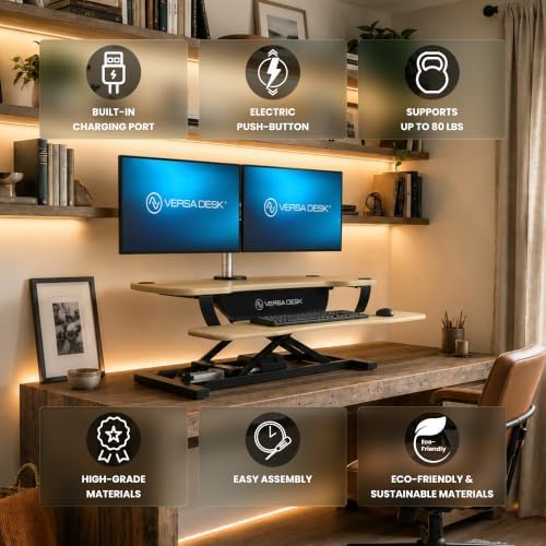 VERSADESK PowerPro 36 Inch Electric Standing Desk Converter – Push-Button Height Adjustable Sit to Stand Desk Riser for Dual Monitors & Laptop – Motorized Desktop Workstation with Wide Keyboard Tray