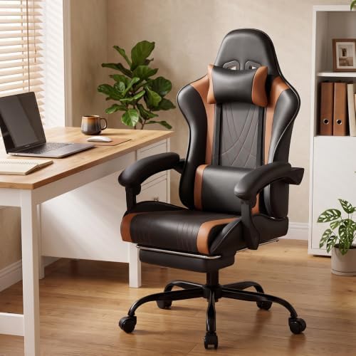 LUCKRACER Gaming Chair with Footrest, Pocket Spring Seat, 90°-135° Reclining Computer Chair with Linkage Armrests, Lumbar Support, Height Adjustment, SGS-Tested Gas Lift, 330 lbs Capacity, Brown