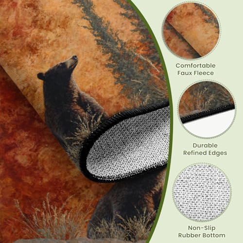 Nature Inspired Bear Pine Scene Warm Earthy Tones Area Rug Outdoor Patio Rug Play Mat Modern Floor Carpet Non-Slip Home Decor Living Room Kids Bedroom Nursery, 9x12 ft