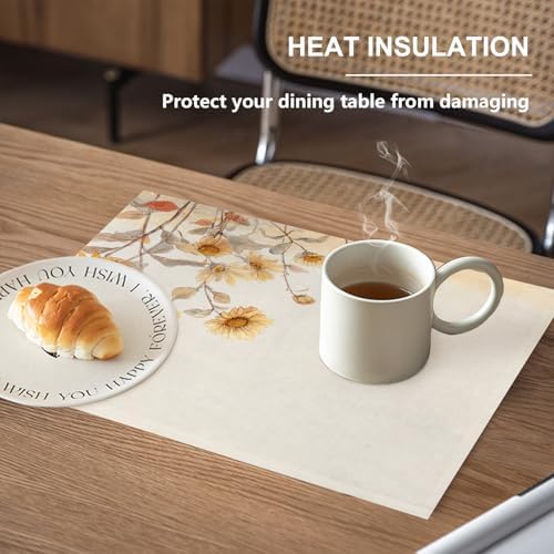 Soft Sunflowers Linen Placemats, Gentle Breeze in Field Table Mats for Table Washable Heat Insulation Thick Dining Mat, Indoor/Outdoor 12X18 in 4 Pcs