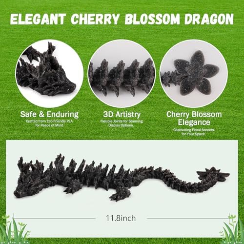 Outgoto 3D Printed Cherry Blossom Dragon – 11.8in Realistic Articulated Dragon Fidget Toy, Desk Décor and Collectible (Obsidian Bloom)