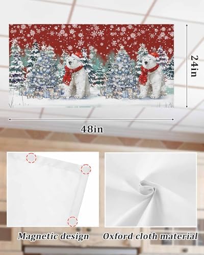 Red Christmas Magnetic Fluorescent Light Covers for Ceiling Lights 2 x 4 Feet,Snowflakes Retro Snowy Pine Tree Bear Office Classroom Kitchen Drop Ceiling Light Covers Filters Shade Panel 2 Packs