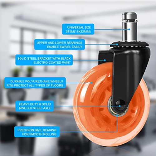 Hirate 3" Office Chair Caster Durable PU Wheel Replacement Set of 5 Orange