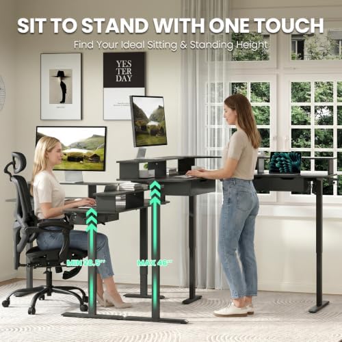 MALOL 59" L Shaped Electric Standing Desk with Drawers, Height Adjustable Desk with Power Outlets & LED Lights, Monitor Stand, Corner Computer Desk for Home Office, Black